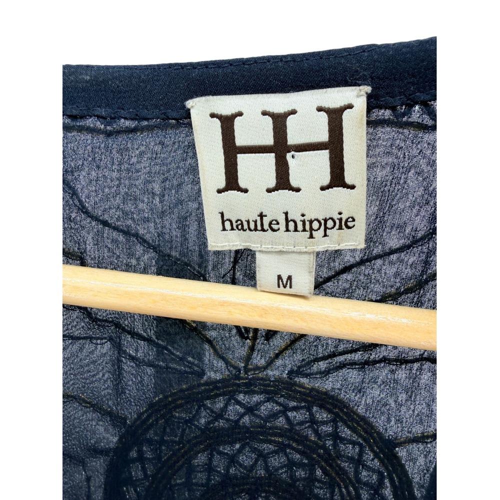 Haute Hippie Silk Beaded Tunic Top Womens M Navy Gold Paisley Mini Dress Flawed - Picture 3 of 12